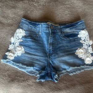 Indigo Rein Blue Jean Shorts with White Lace Details, Size 9.